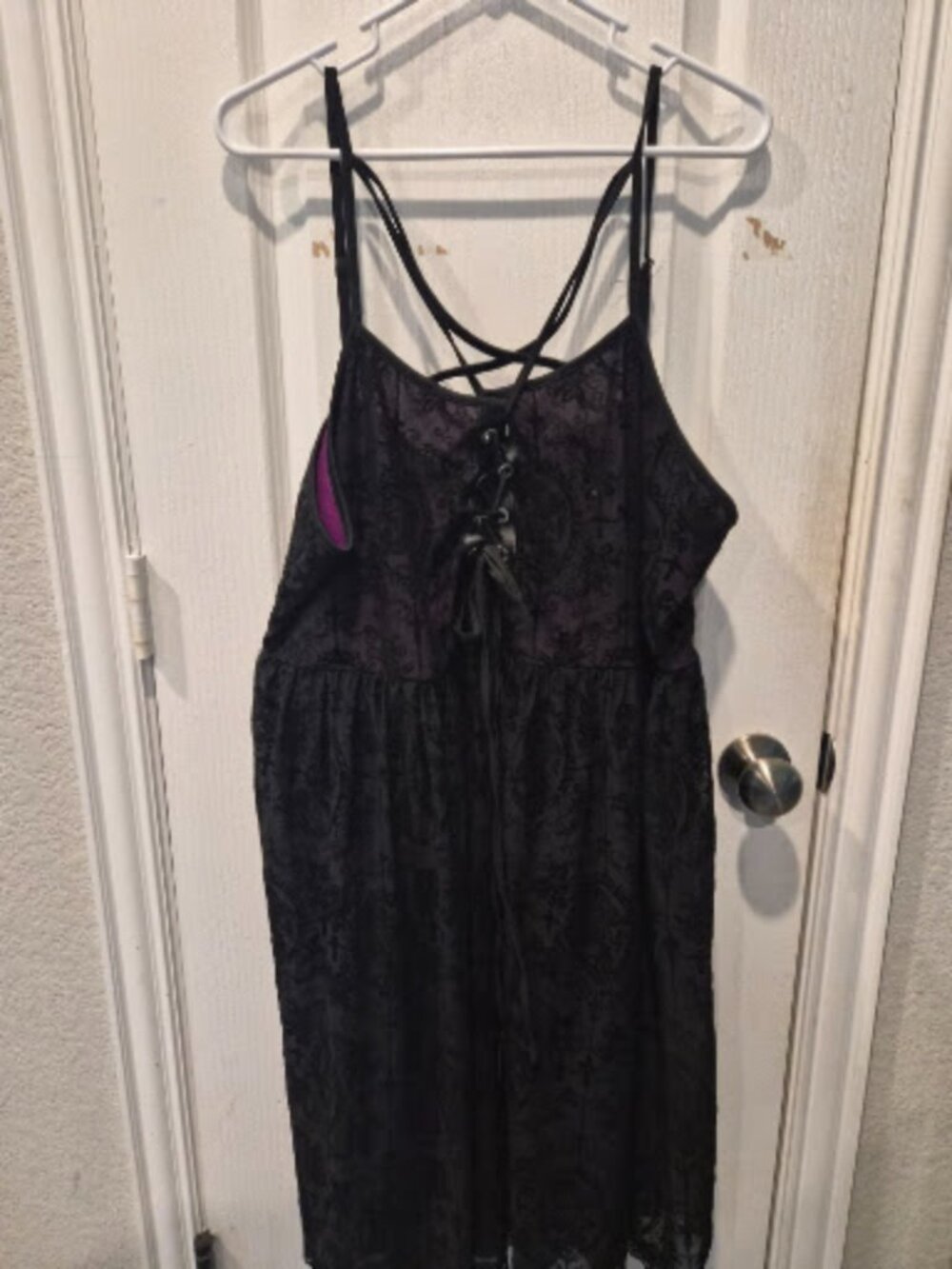 Goth Black Damask Flocked Lace Up Purple Lined Corset Cami Dress Size 4XL